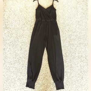 Women's Black Ruffle Boutique Cuff Spaghetti Strap Adjustable V Neck Jumpsuit